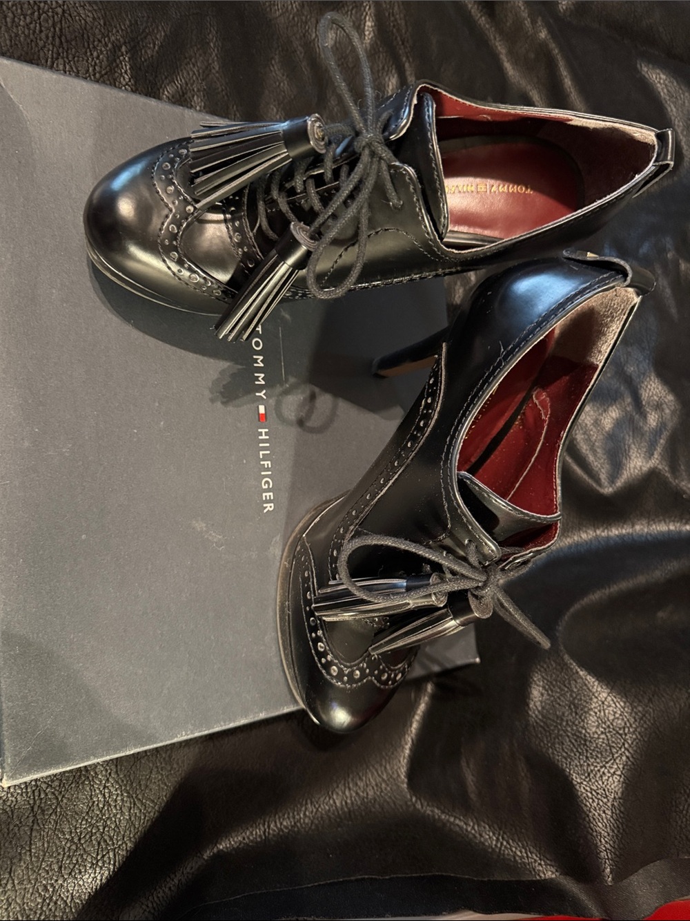 Tommy Hilfiger Black Leather Tassel Lace-Up Heels